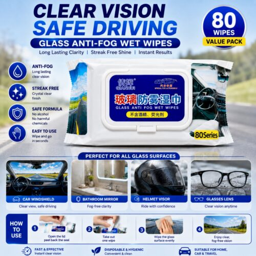 Glass Anti-Fog Wet Wipes for Car Windshield, Helmet Visor & Glasses – 80 Wipes