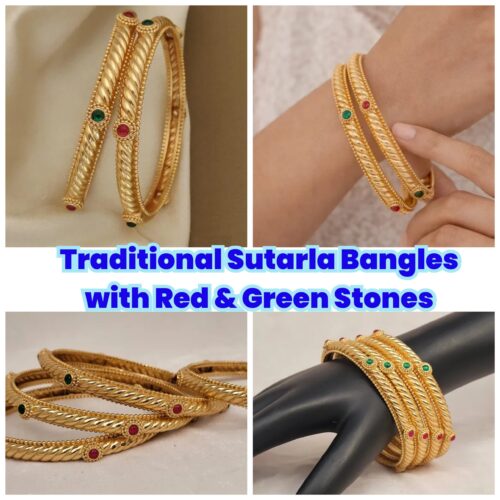 Alternative view of Traditional Sutarla Bangles with Red and Green Stones - Pack of 2 Bangles