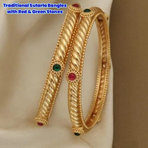 Traditional Sutarla Bangles with Red and Green Stones - Pack of 2 Bangles