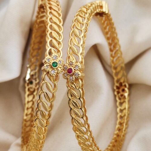 Alternative view of Designer Cutwork Bangles with AD and Gemstone Flowers - Pack of 2 Bangles