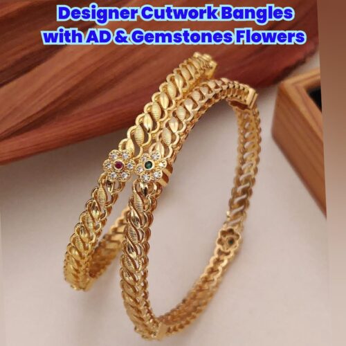 Designer Cutwork Bangles with AD and Gemstone Flowers - Pack of 2 Bangles
