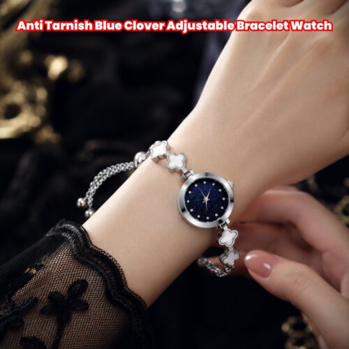 Alternative view of Anti Tarnish Blue Clover Adjustable Bracelet Watch for Women