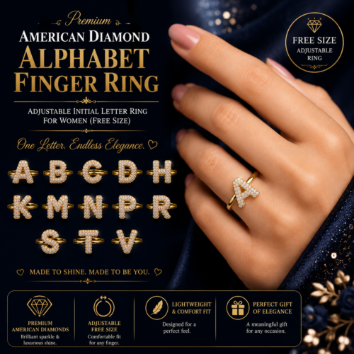 Premium American Diamond Alphabet Finger Ring – Adjustable Initial Letter Ring (Free Size)