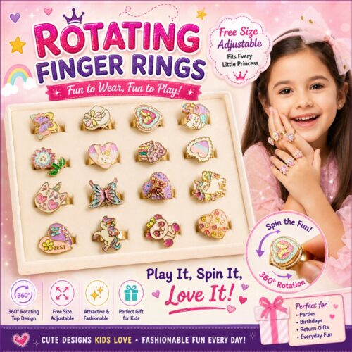 360° Rotating Kids Fidget Spinner Ring – Adjustable Free Size Cartoon Finger Ring for Girls