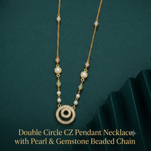 Double Circle CZ Pendant Necklace with Pearl and Gemstone Beaded Chain