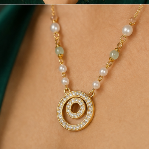 Alternative view of Double Circle CZ Pendant Necklace with Pearl and Gemstone Beaded Chain