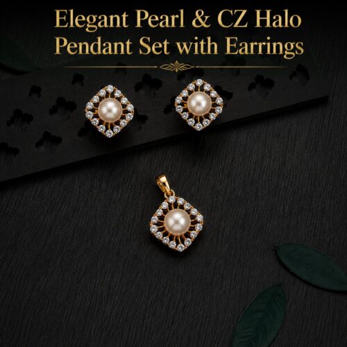 Elegant Pearl and CZ Halo Pendant Set with Earrings