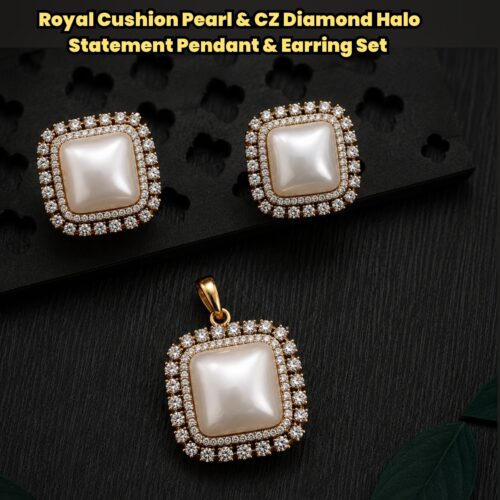 Royal Cushion Pearl and CZ Diamond Halo Statement Pendant and Earring Set
