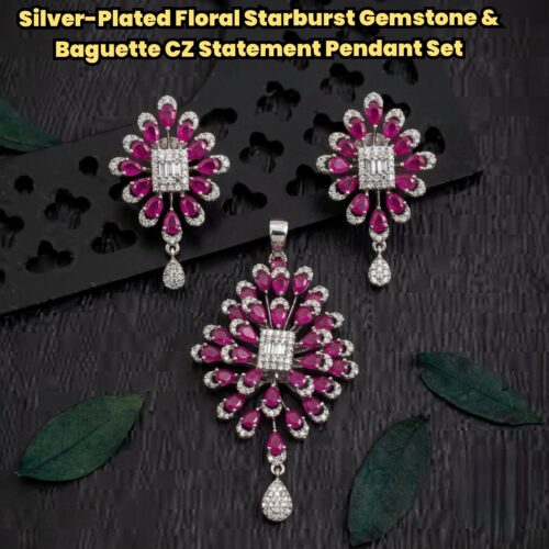 Silver-Plated Floral Starburst Gemstone and Baguette CZ Statement Pendant Set