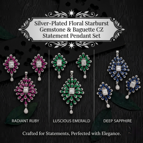 Silver-Plated Floral Starburst Gemstone and Baguette CZ Statement Pendant Set