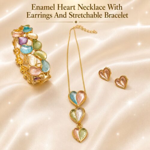 Alternative view of Enamel Heart Necklace with Earrings and Stretchable Bracelet