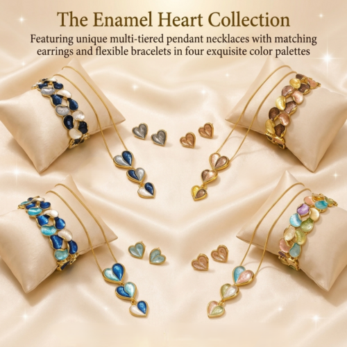 Enamel Heart Necklace with Earrings and Stretchable Bracelet