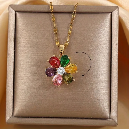 Alternative view of Anti Tarnish 360° Degree Rotatable MultiColor Flower Pendant Chain Necklace