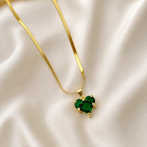 Alternative view of Anti-Tarnish Gold Plated Green Crystal Heart Pendant with Flat Herringbone Snake Chain Set