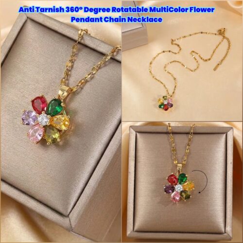 Anti Tarnish 360° Degree Rotatable MultiColor Flower Pendant Chain Necklace