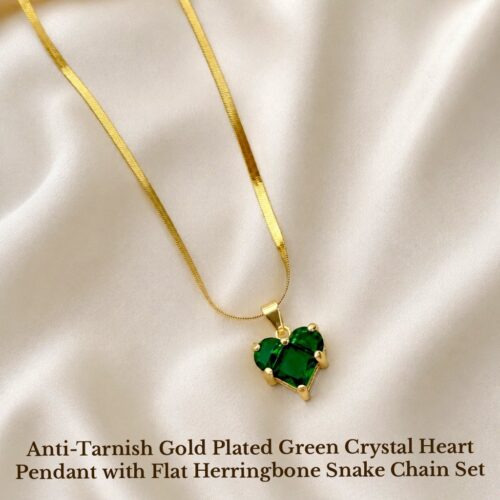 Anti-Tarnish Gold Plated Green Crystal Heart Pendant with Flat Herringbone Snake Chain Set