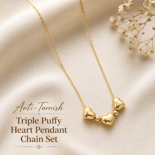 Anti Tarnish Triple Puffy Heart Chain Pendant Set - Pack of 1