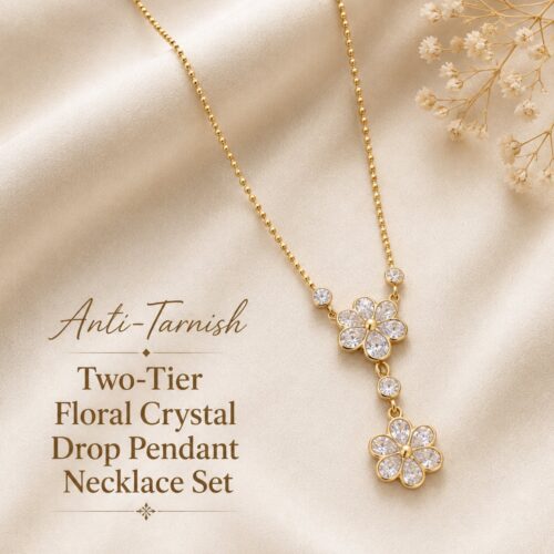 Anti Tarnish Two Tier Floral Crystal Drop Pendant Necklace Set - Pack of 1