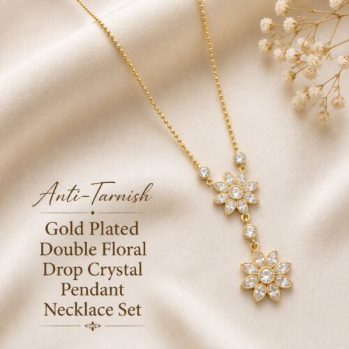 Anti Tarnish Gold Plated Double Floral Drop Crystal Pendant Necklace Set - Pack of 1
