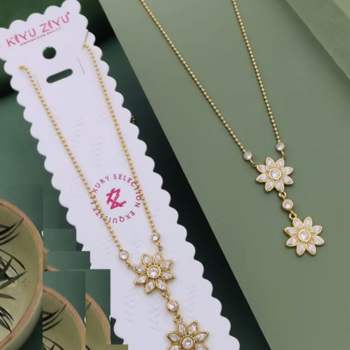 Alternative view of Anti Tarnish Gold Plated Double Floral Drop Crystal Pendant Necklace Set - Pack of 1