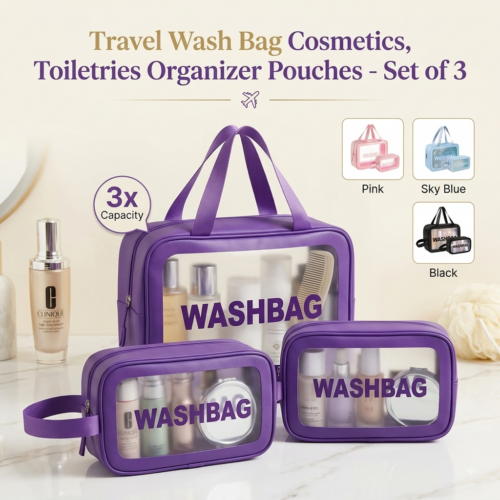 Travel Wash Bag Cosmetics, Toiletries Organizer Pouches -  Set of 3