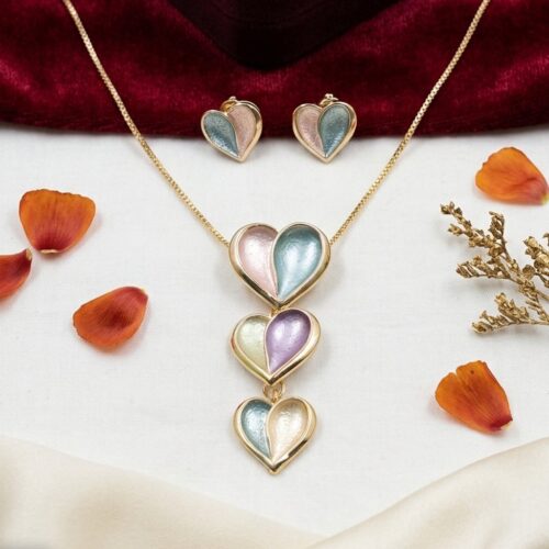 Enamel Heart Necklace with Earrings - Pack of 1