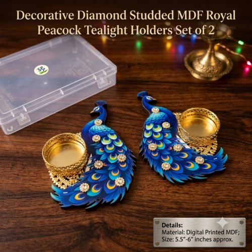 Alternative view of Decorative Diamond Studded MDF Royal Peacock Tealight Holders - Set of 2