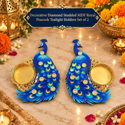 Decorative Diamond Studded MDF Royal Peacock Tealight Holders - Set of 2