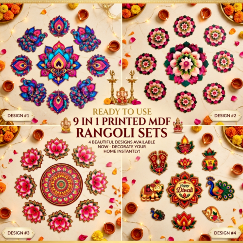 Ready To Use 9 in 1 Printed MDF Rangoli Set  - Pack of 1 Set