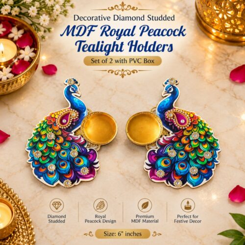 Decorative Diamond Studded MDF Royal Peacock Tealight Holders - Set of 2 - with PVC Box Packing